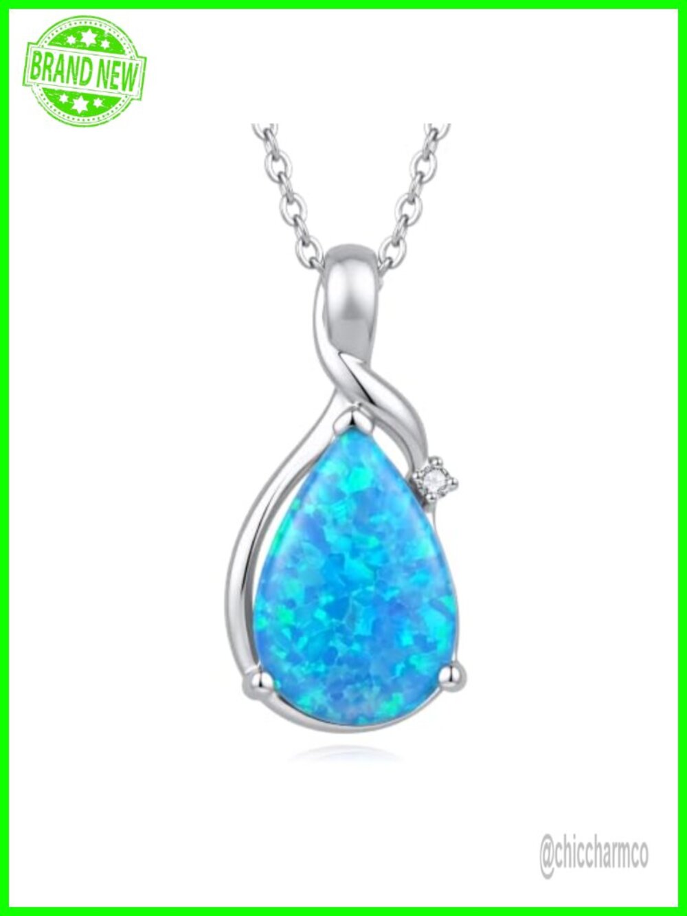 S925 Sterling Silver Pear Blue Opal Pendant Necklace White Gold Plated Twisted